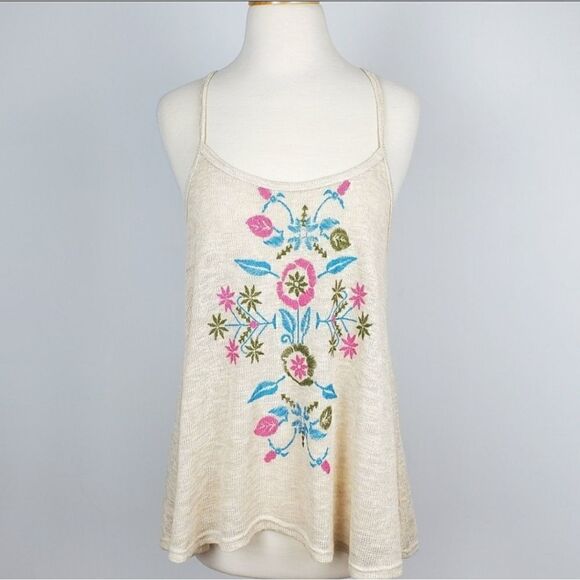 Women's Tank Top Spaghetti Strap Flower Print Cotton Blend Beige Bohemian - Picture 1 of 5